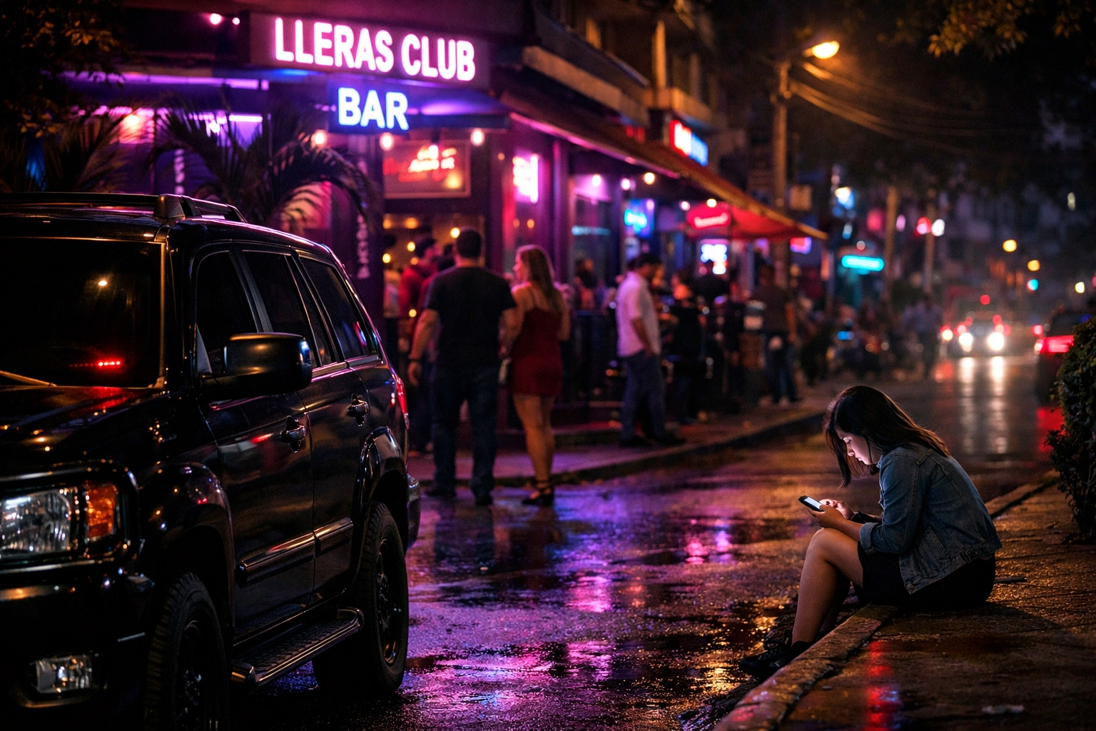 Security vehicle protecting clients during Medellin nightlife in Parque Lleras entertainment district