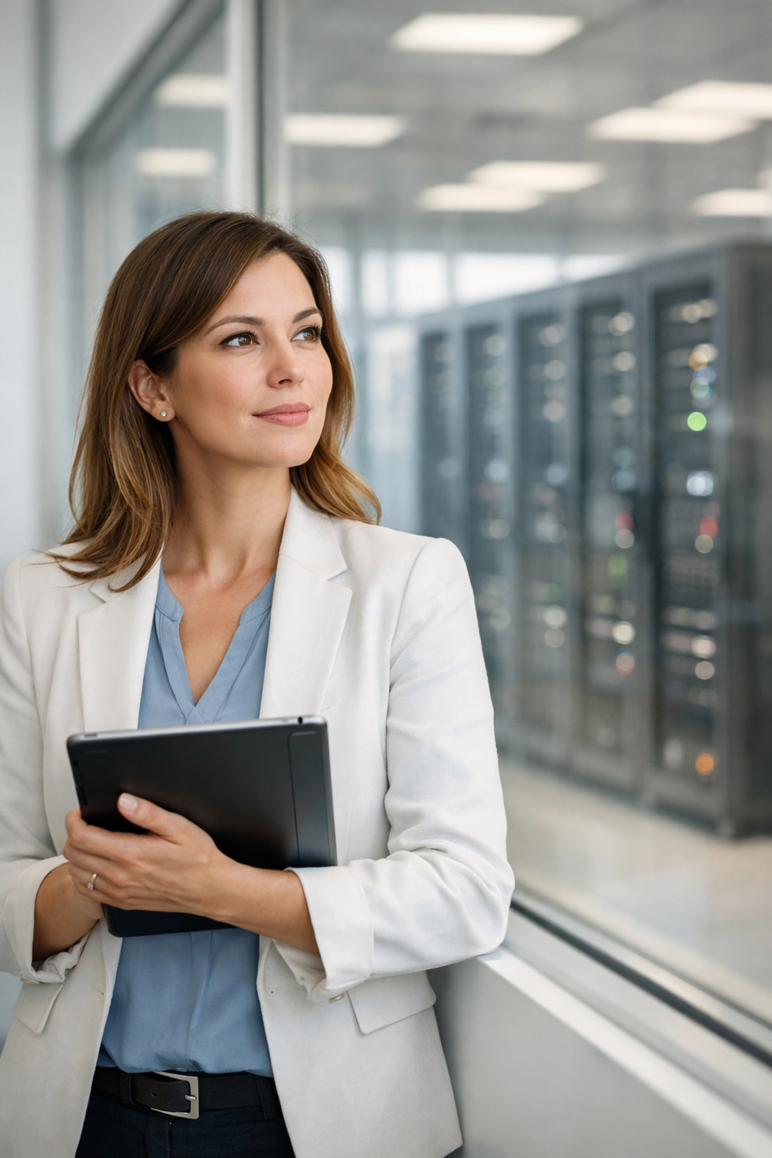 A consultant using a tablet to monitor ServiceNow platform health and digital infrastructure.