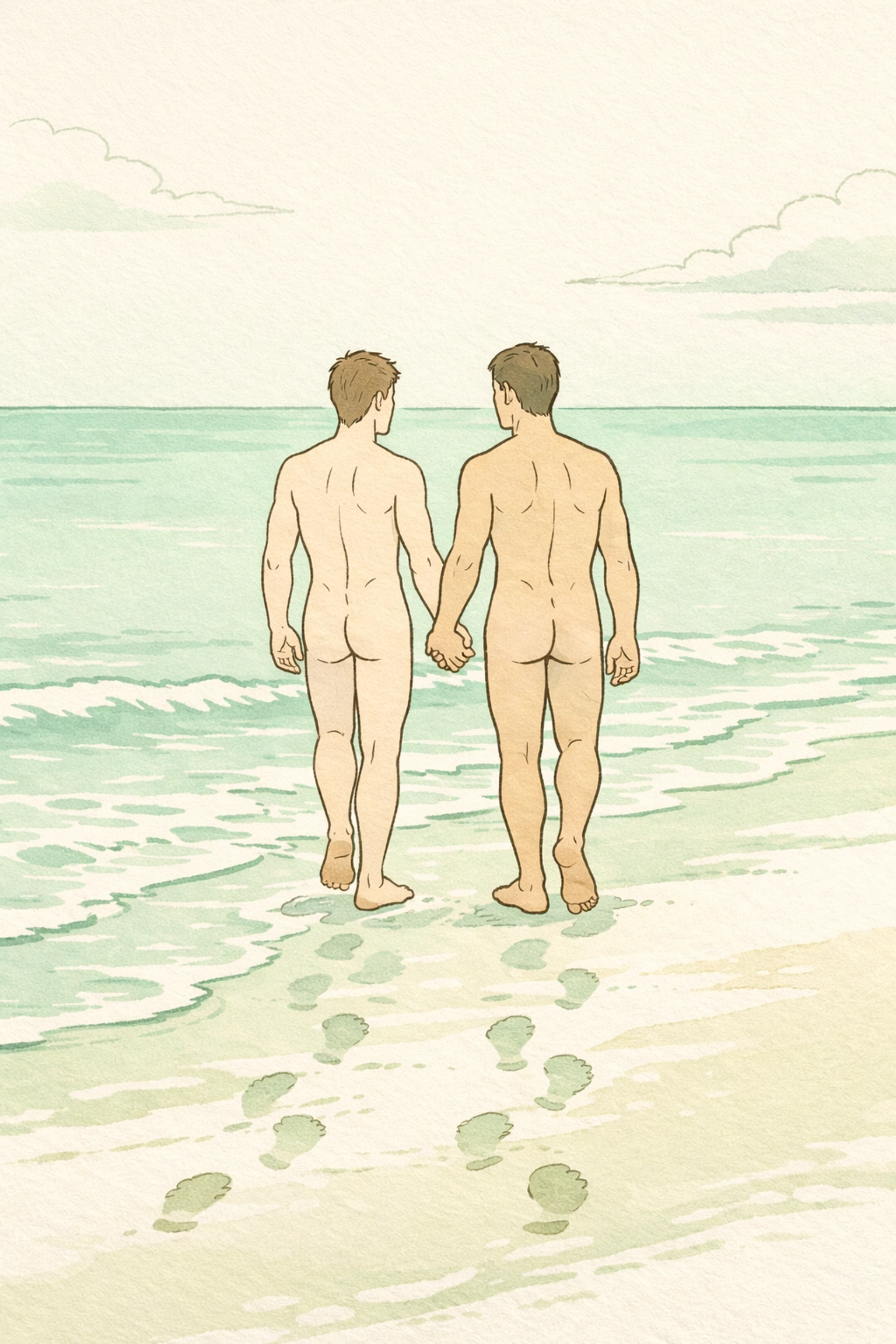 Gay couple walking hand-in-hand on a nude beach, representing body positivity and romantic connection.