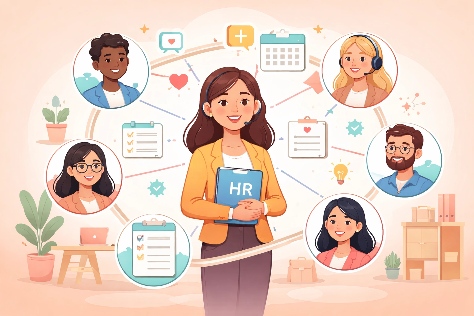 HR manager and team connected by project and calendar icons, showing unified HR and team management in the workplace