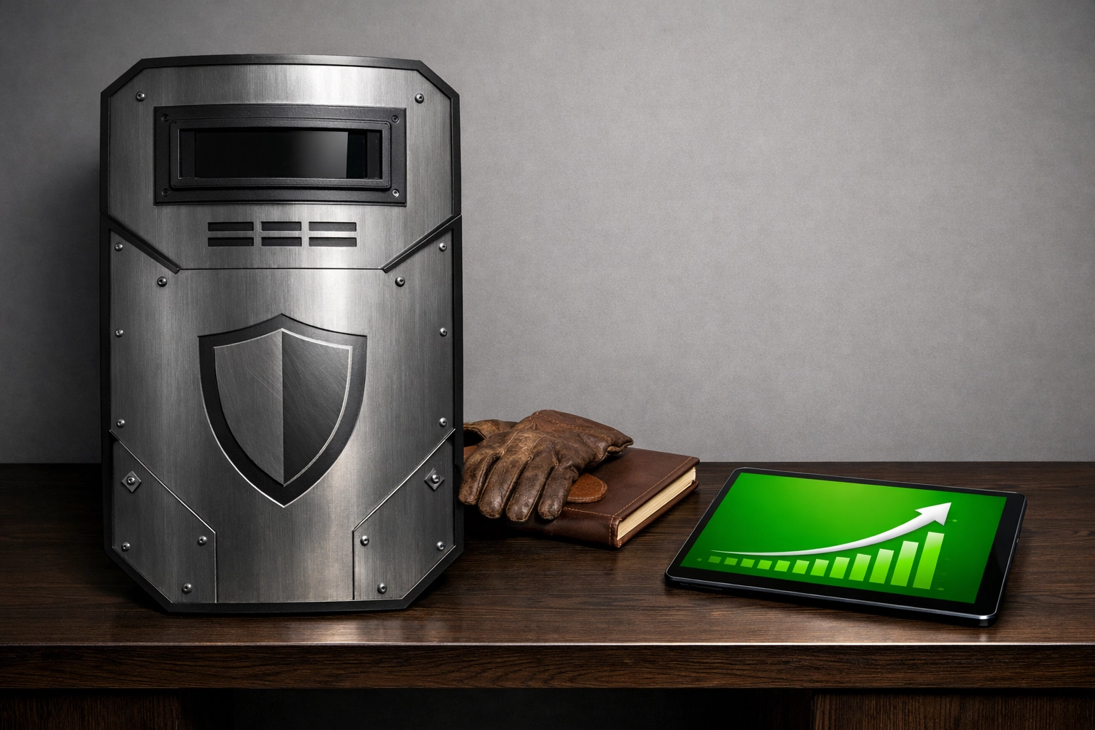 Tactical shield and financial ledger representing asset armor and secure wealth protection.