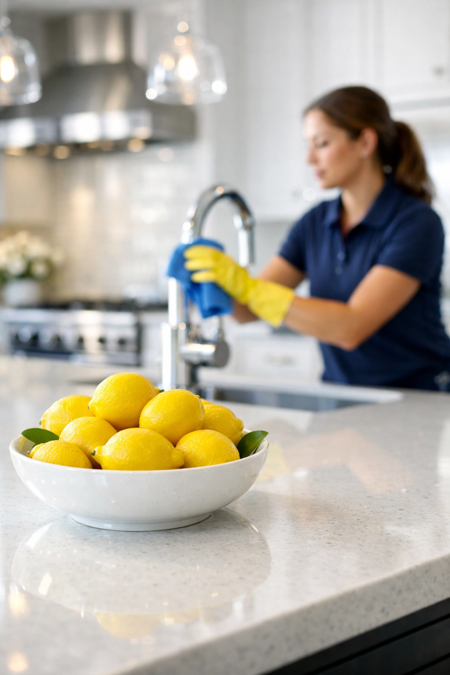Professional cleaner detailing a modern kitchen in Massachusetts, providing expert cleaners for hire.
