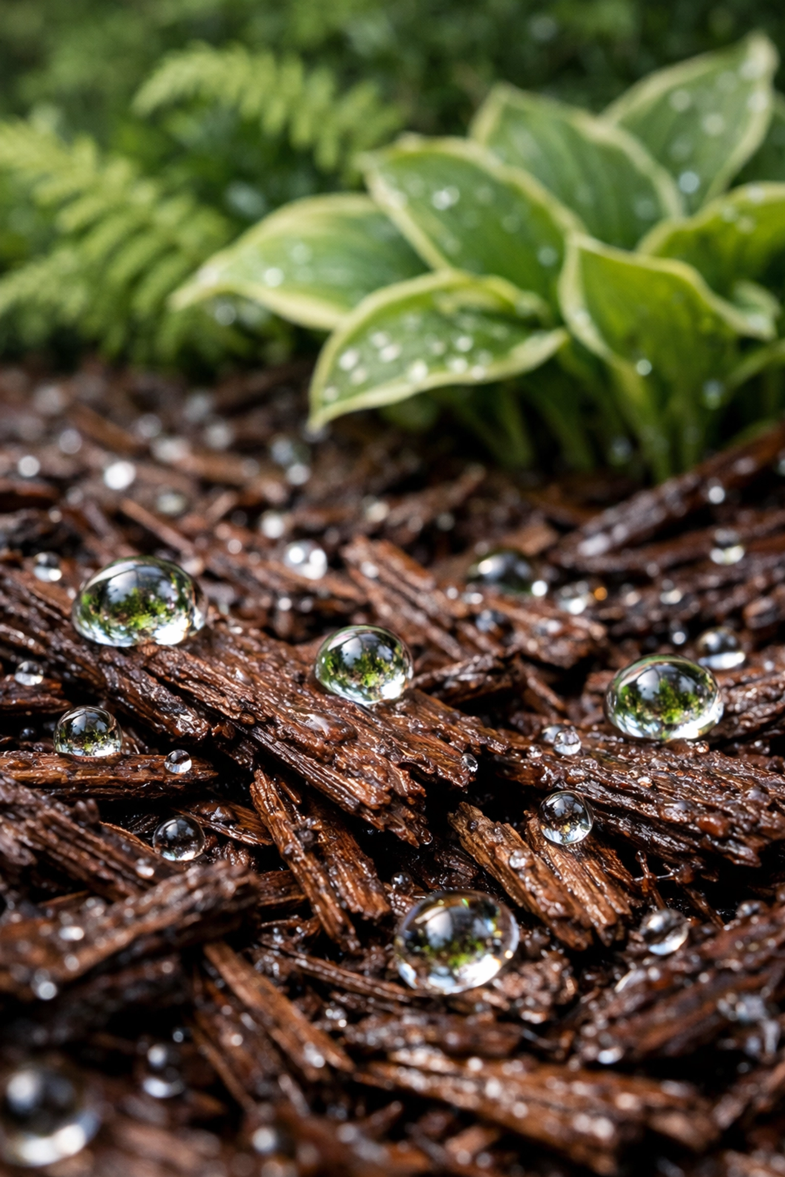 Shredded organic mulch retaining moisture in a healthy garden bed to reduce watering needs.