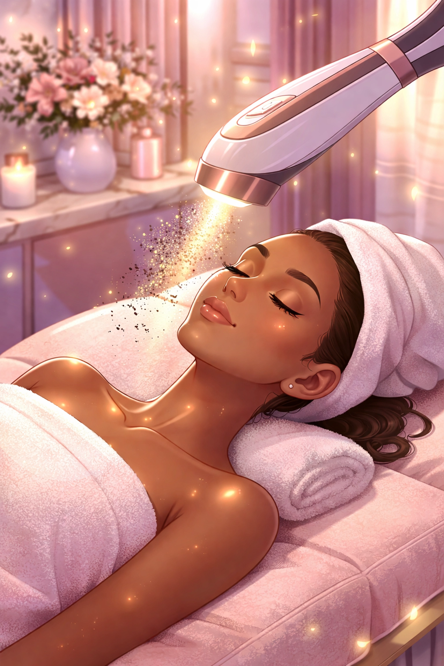 A luxurious spa scene showing a woman receiving a Carbon Glow Facial laser treatment for instant radiant, glowing skin.