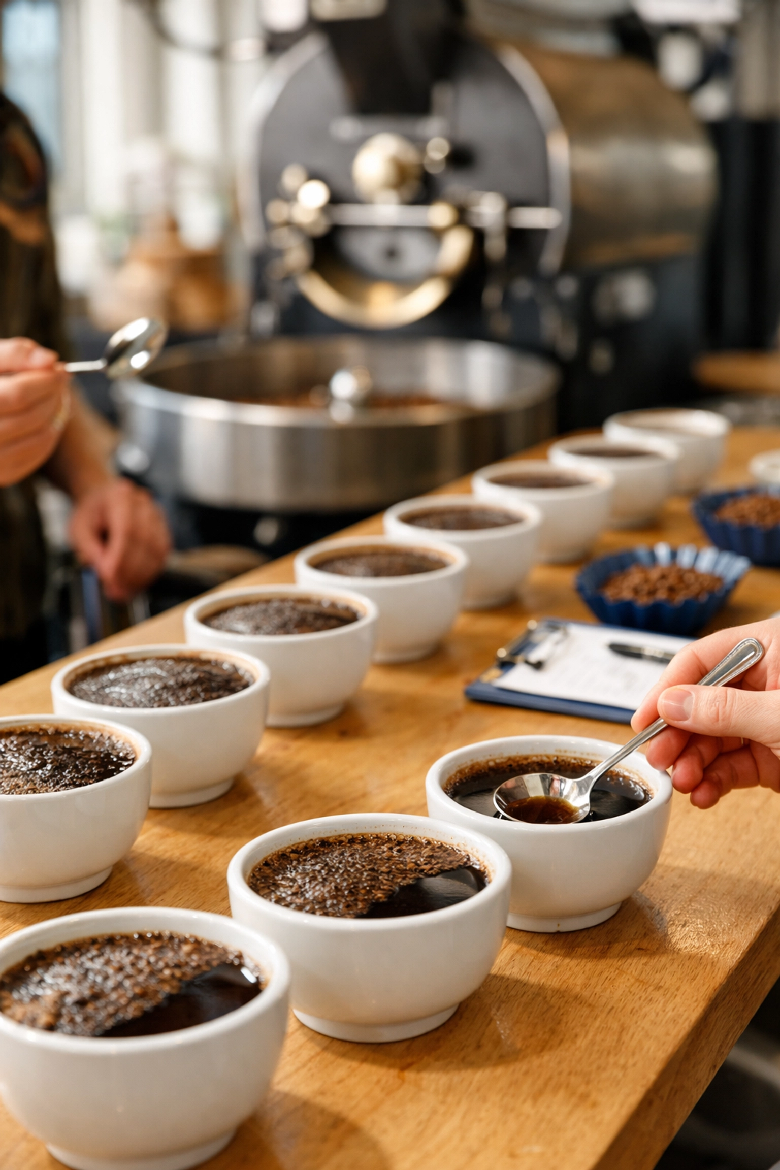 Professional coffee cupping session at a wholesale roastery to ensure quality and flavour profile.