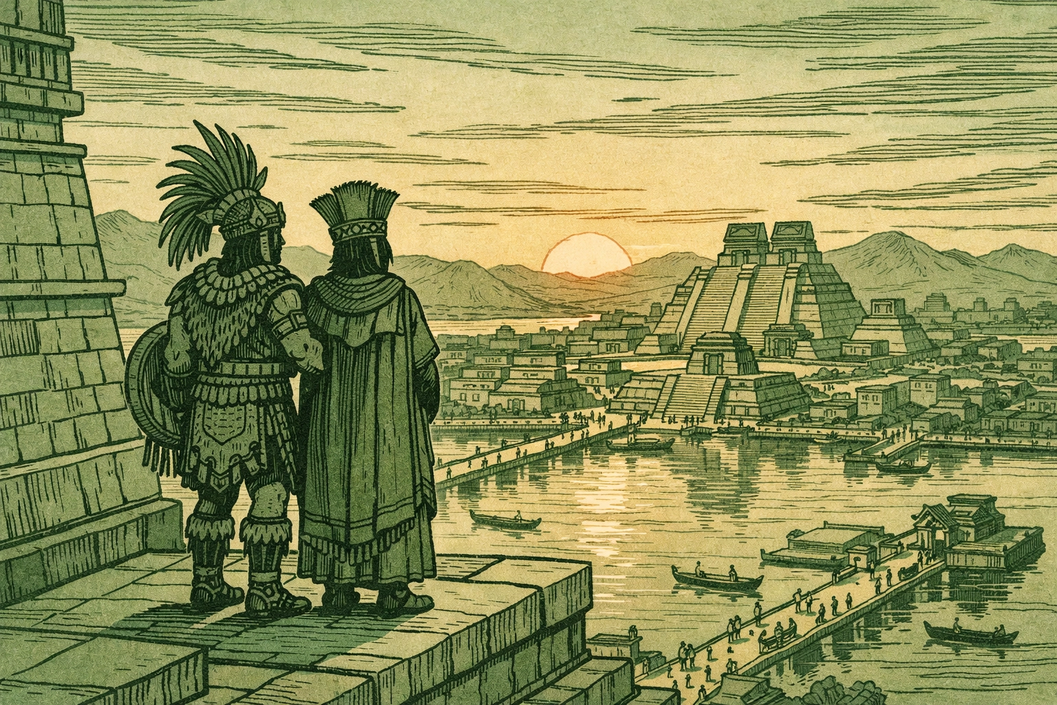 Aztec warrior and priest overlook Tenochtitlan at sunset - forbidden love story