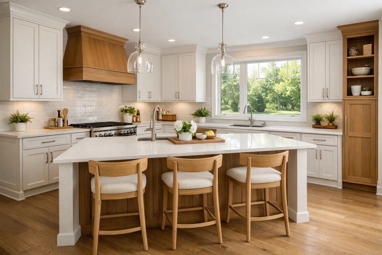Modern kitchen remodel in a Western suburbs home featuring a white quartz island and shaker cabinets.