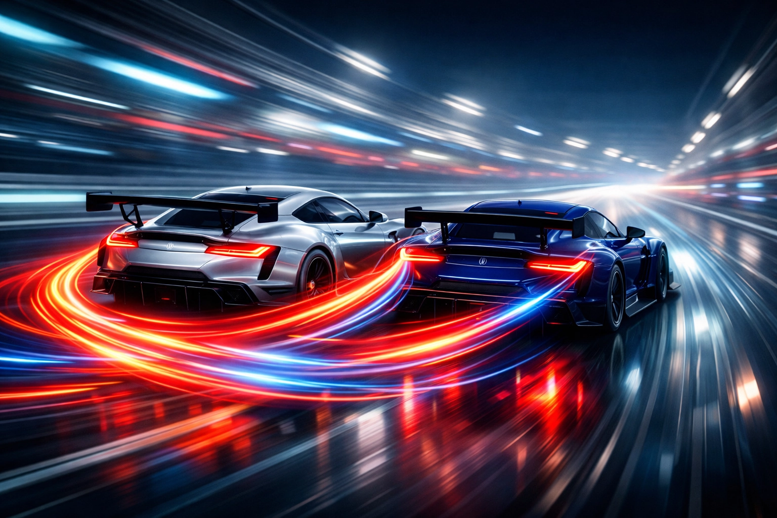 Two racing cars driving in harmony, illustrating the synergy between organic SEO and PPC management in Toronto.