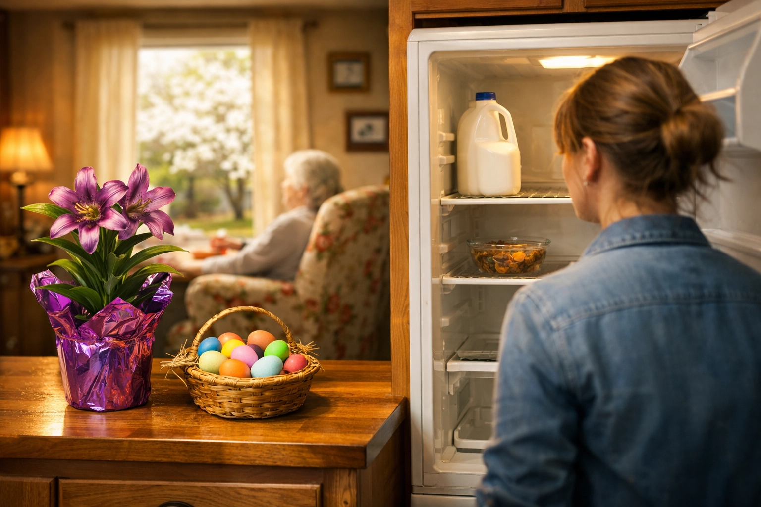 Daughter noticing an aging parent's sparse refrigerator during an Easter holiday visit in Virginia.