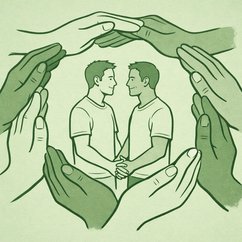 Diverse hands forming protective circle around gay couple symbolizing LGBTQ+ sanctuary network