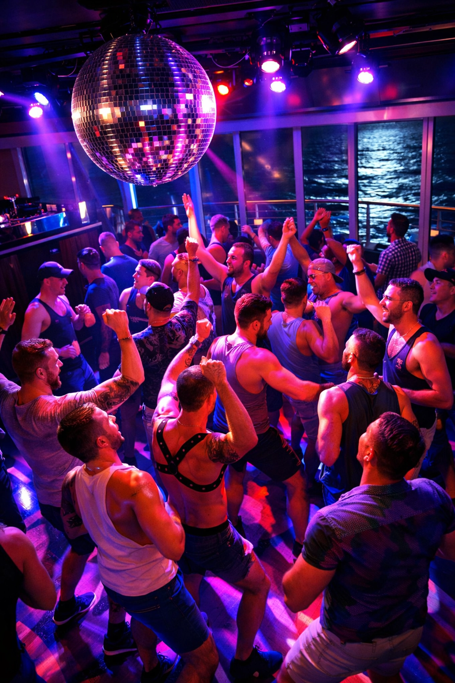 LGBTQ+ men dancing under disco ball at gay cruise ship nightclub