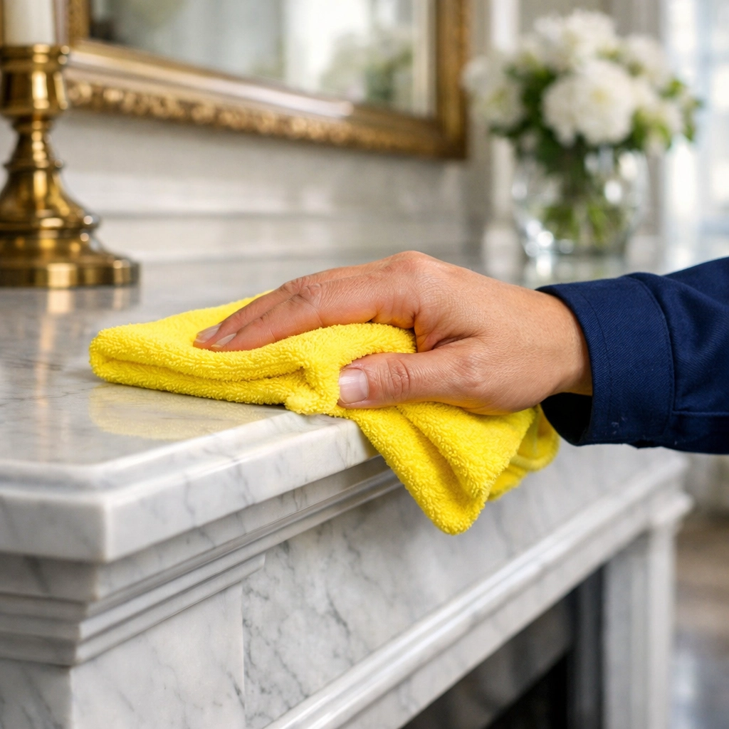Professional cleaner dusting a luxury marble mantelpiece as part of an elite weekly house cleaning service.