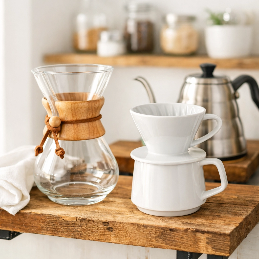 Organized home coffee station featuring a clean Chemex and V60 dripper on a wooden shelf.