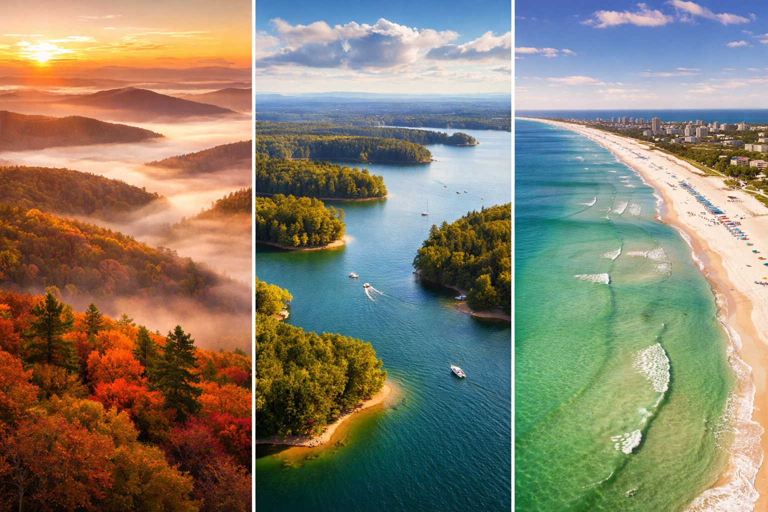 Aerial view of Georgia's Blue Ridge Mountains, Lake Lanier, and white sand beaches, showcasing Georgia's diverse weekend getaway destinations.