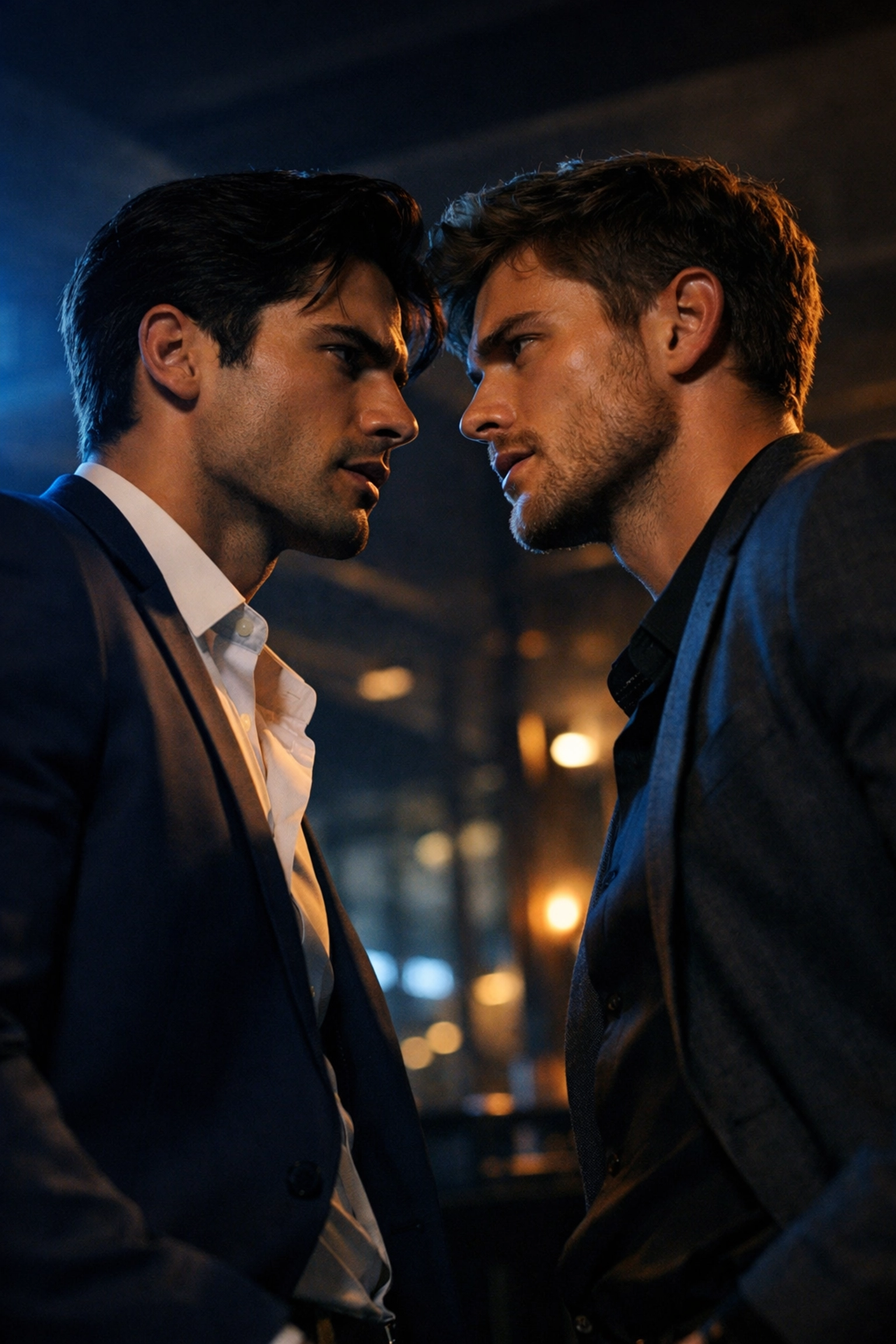 Two men in business attire face off with intense chemistry in enemies to lovers MM romance scene