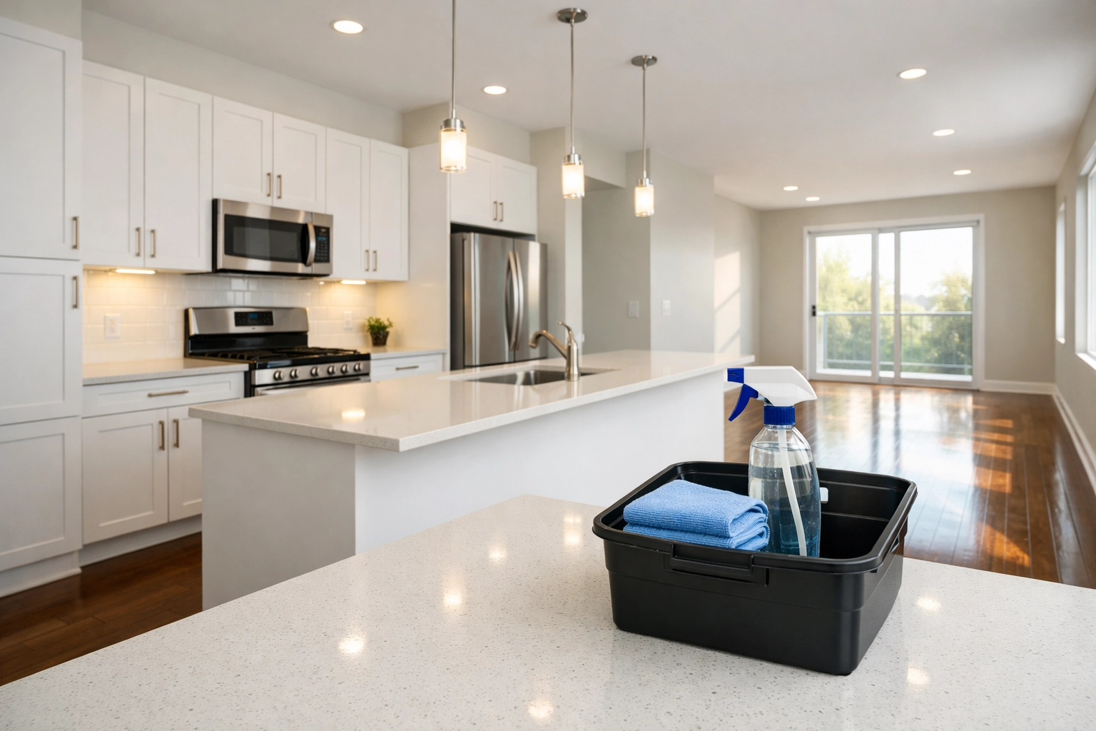 Clean vacant apartment kitchen in Detroit showing a rent-ready unit after professional move-out turnover.