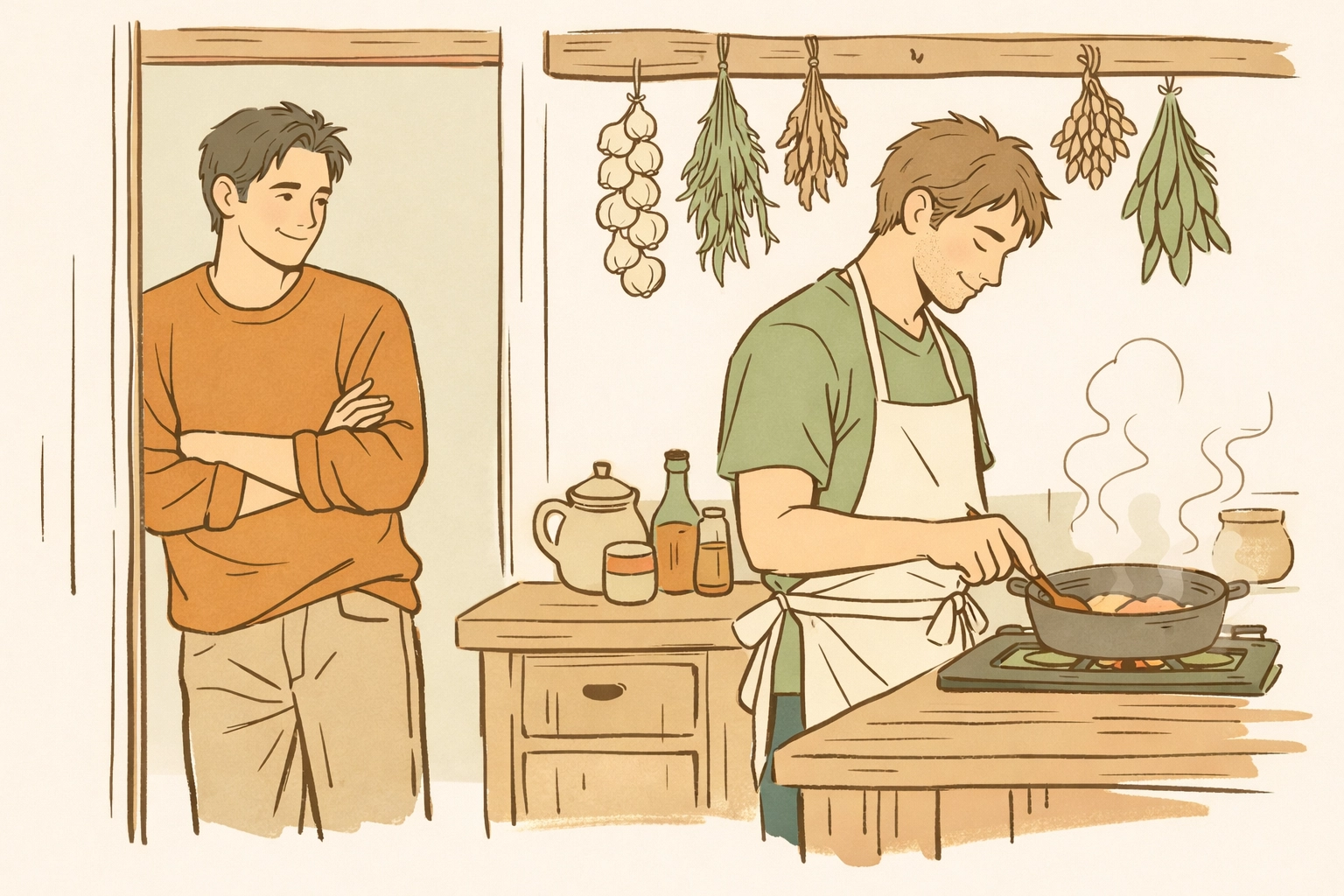 Gay couple in cozy kitchen - found family warmth in MM romance novel Hearth and Harvest