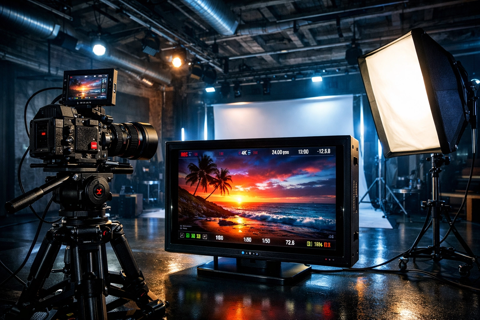 Professional commercial media production set with studio lighting and cameras for corporate brand content.