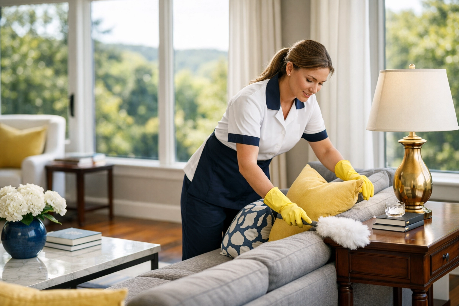 Professional cleaners Groton MA providing meticulous weekly house cleaning in a bright, modern living room.