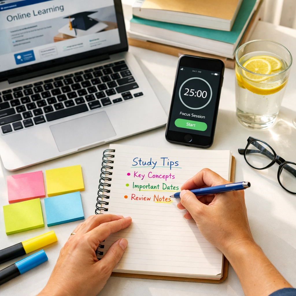 Active CLEP study session showing note-taking with organized study materials and laptop