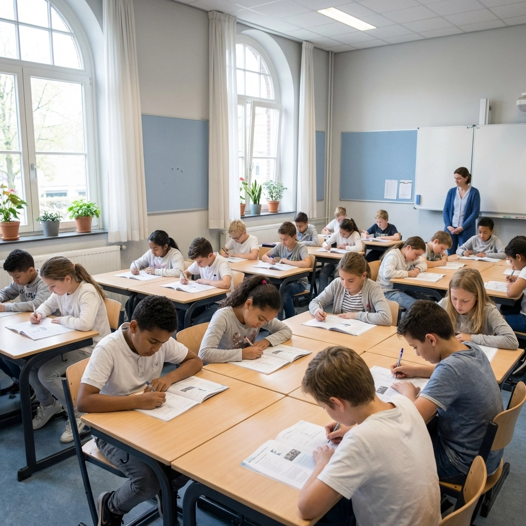 Groep 8 leerlingen maken geconcentreerd de doorstroomtoets in een moderne Nederlandse klaslokaal