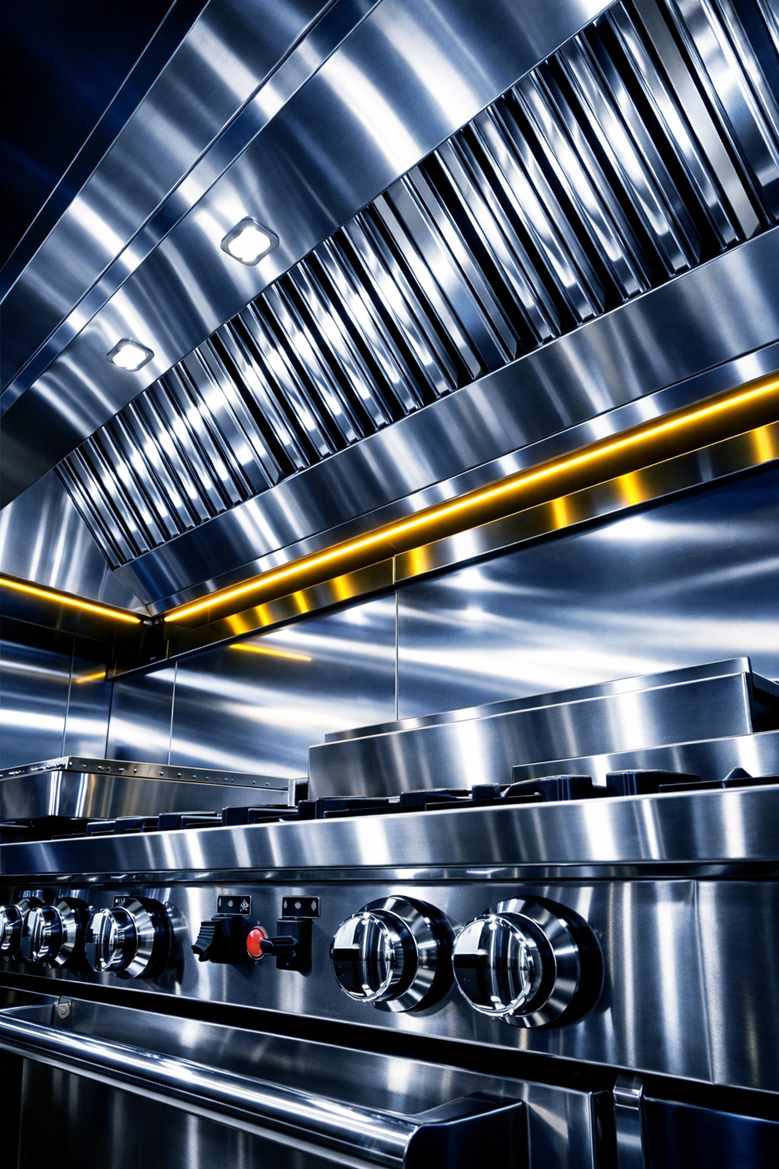 Degreased and restored commercial kitchen ventilation hood and range for health compliance.