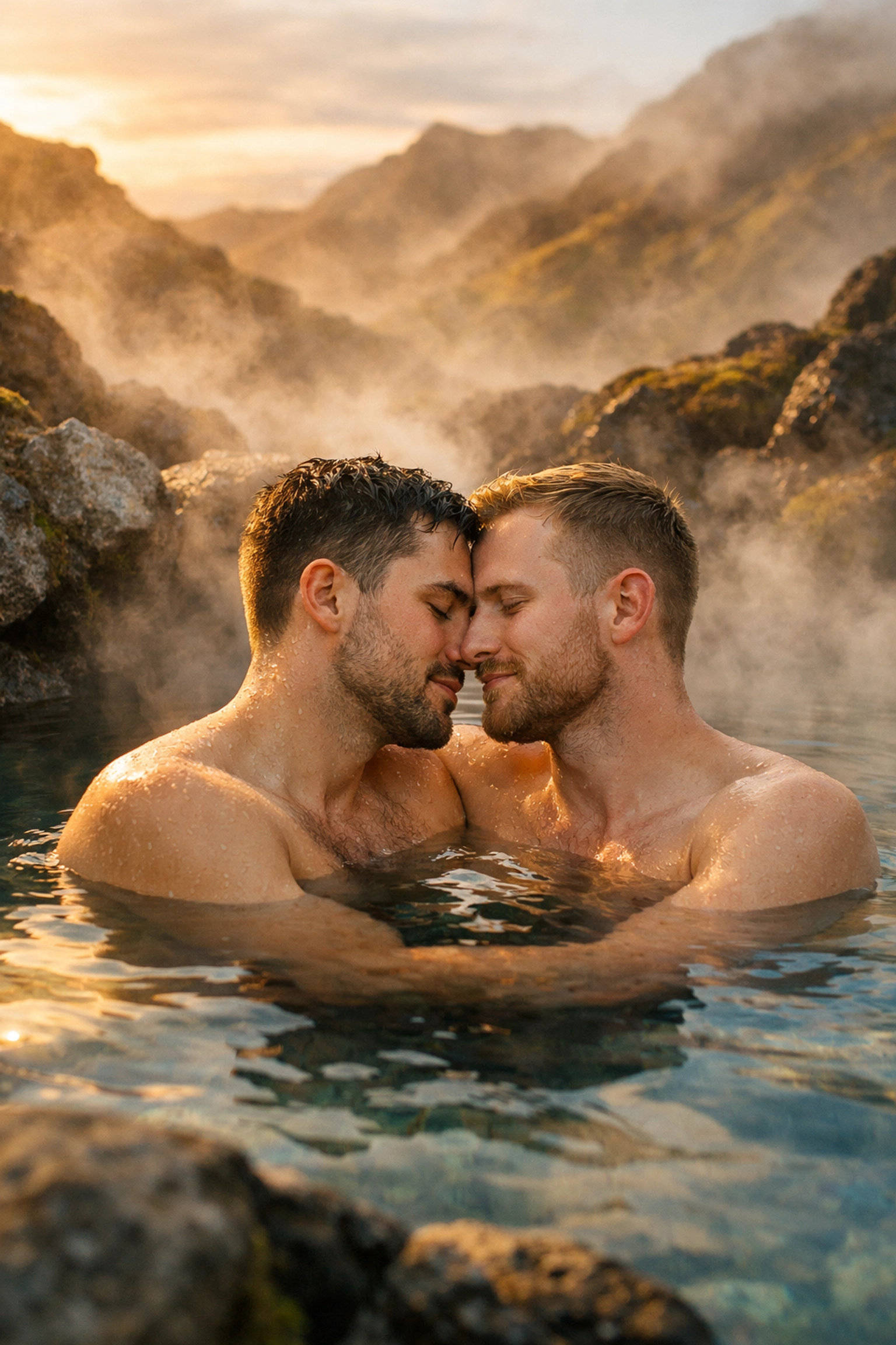 Gay couple sharing intimate moment in secluded Icelandic natural hot spring