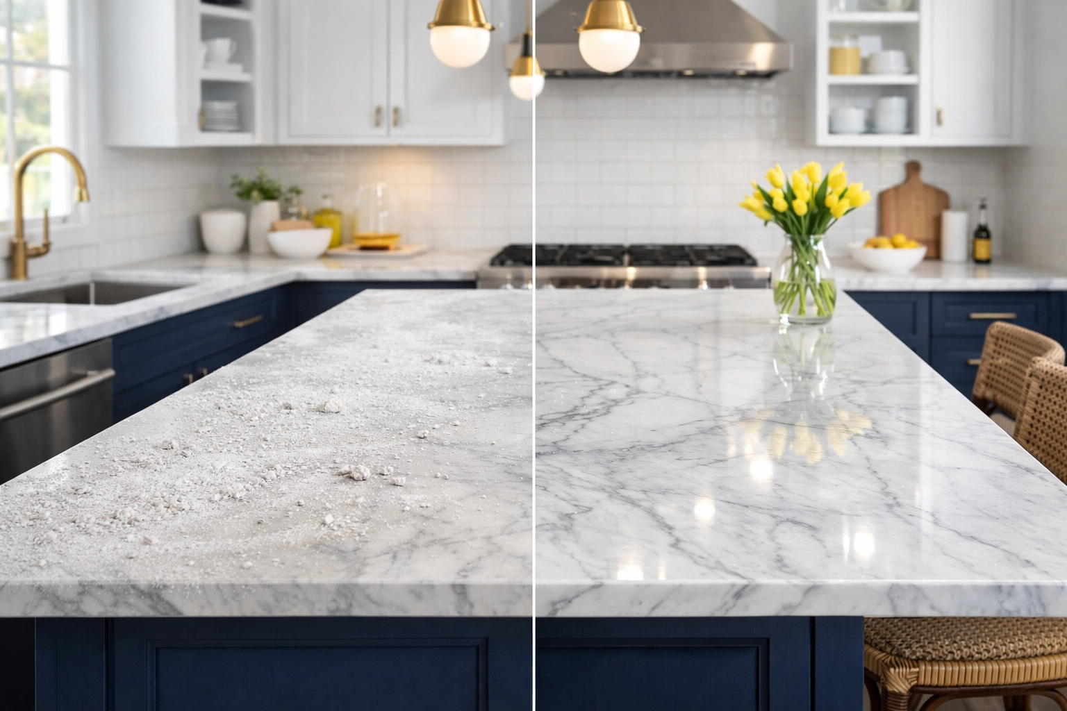 Modern kitchen island showing the before and after results of professional post-construction cleaning in MA.