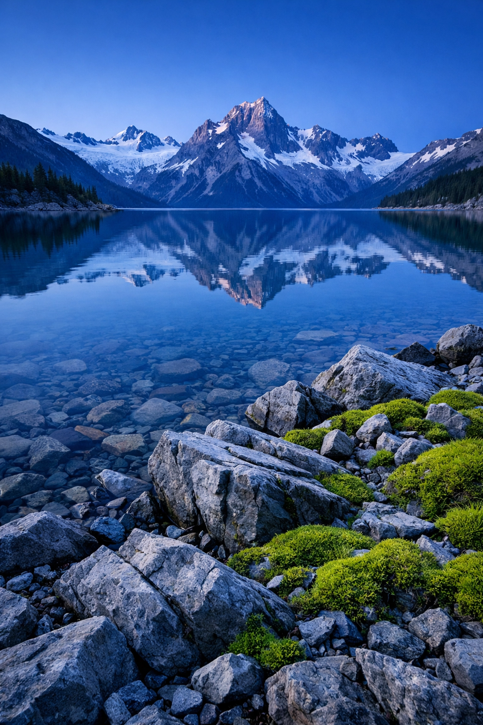 Wide-angle alpine lake photo showing sharp focus from foreground to background for landscape photography tips.
