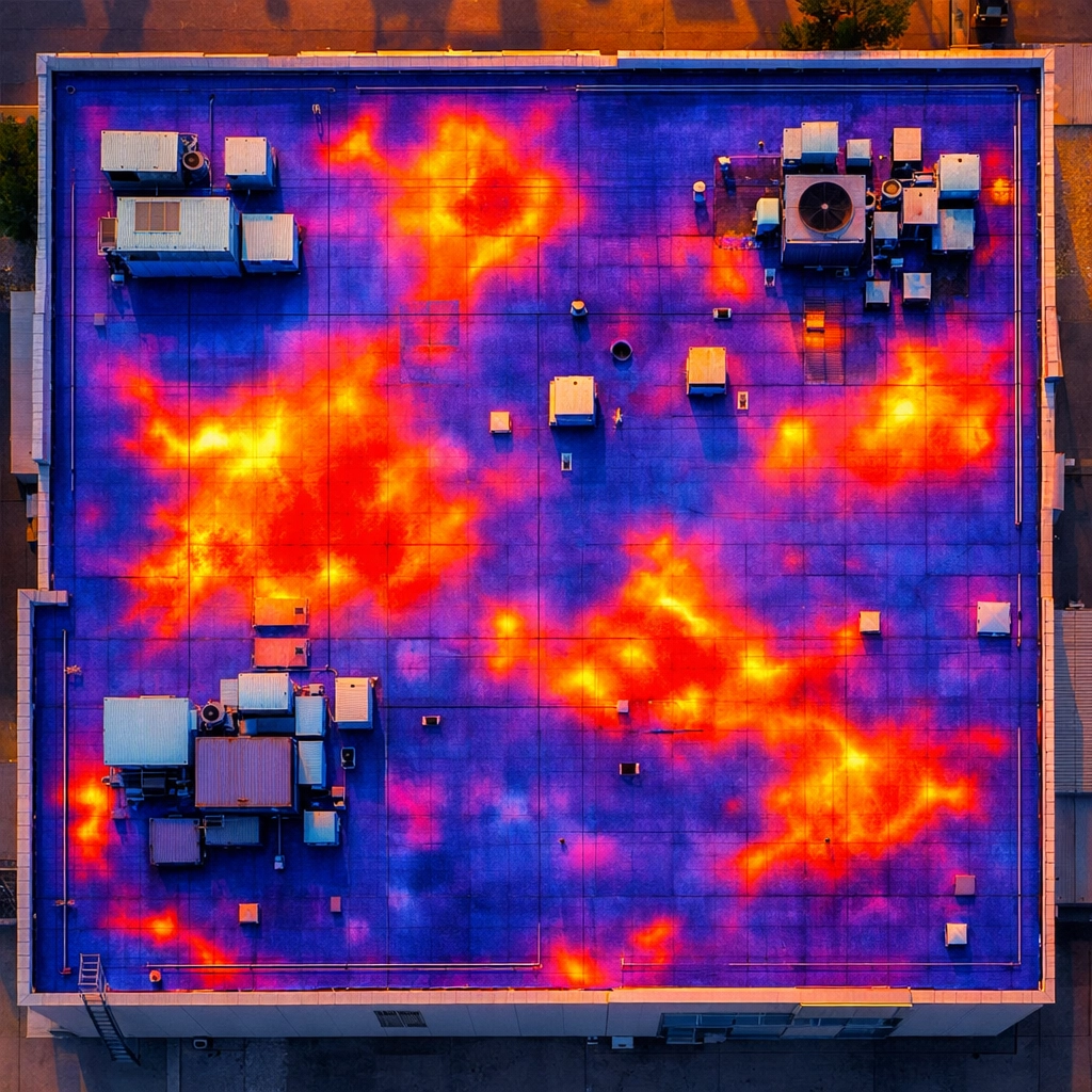 Thermal imaging drone reveals hidden moisture on commercial roof with heat signature overlay