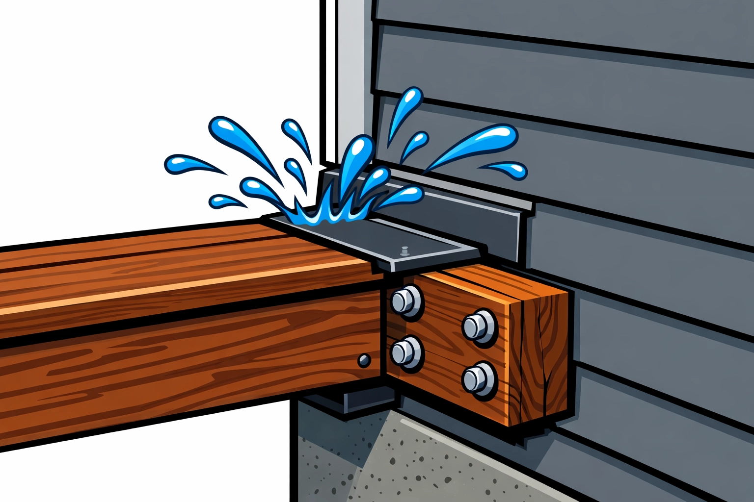 Illustration of proper deck flashing and ledger board attachment to prevent water damage in NH homes.