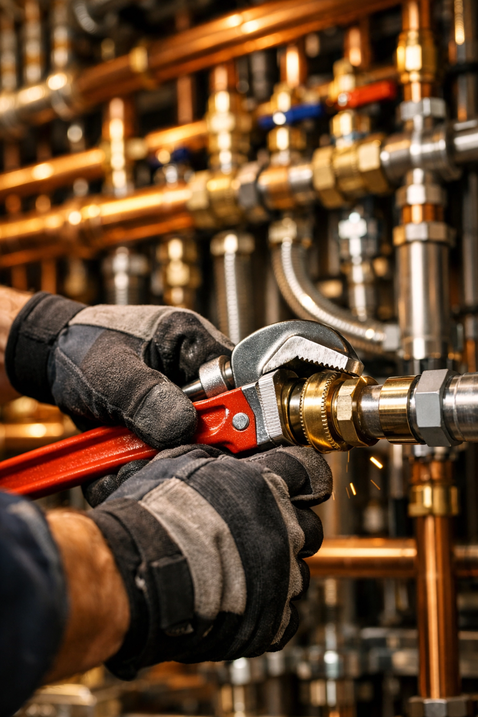 Expert plumber using a wrench to secure piping for a commercial water heater replacement.