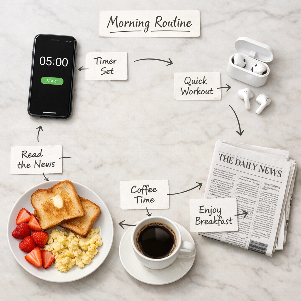 Overhead view of organized 5-minute morning news routine with coffee and phone timer
