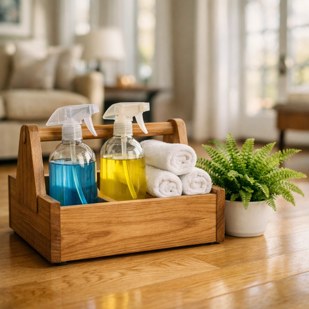 Eco-friendly products used by professional deep cleaning services in a sunlit Wellesley, Massachusetts home.