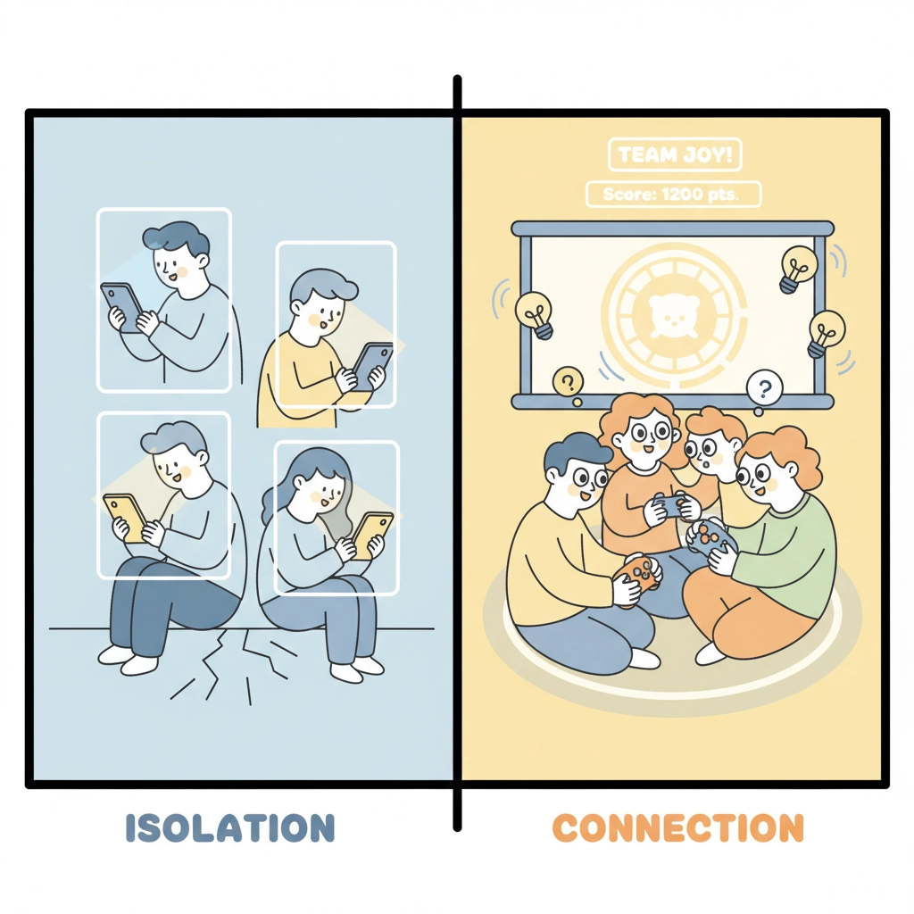 Cartoon showing people isolated on their phones versus a group of people on their phones playing an interactive quiz.