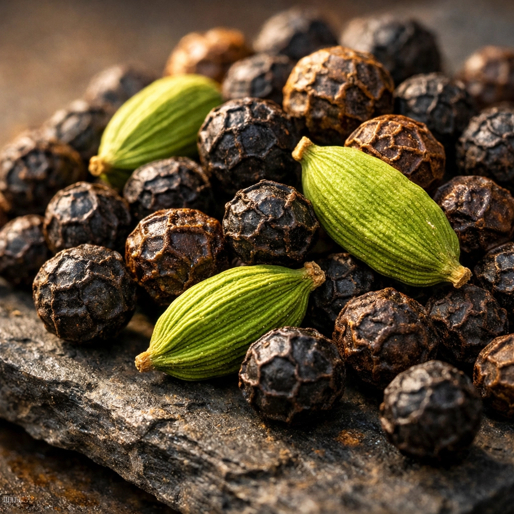 Whole black pepper and green cardamom pods demonstrating long-lasting spice quality.