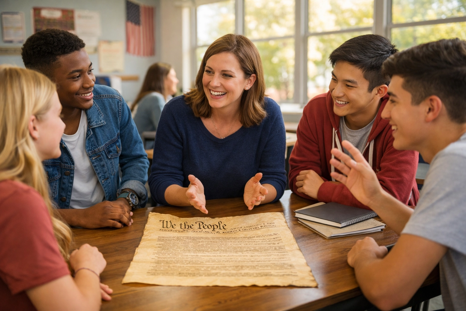 High school teacher and students exploring American history documents for the nation