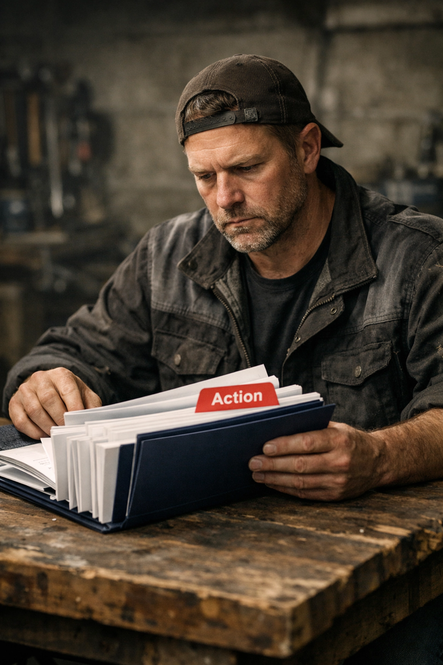 Focused tradesman reviewing legal documents at a workbench to plan a secure financial legacy for his family.