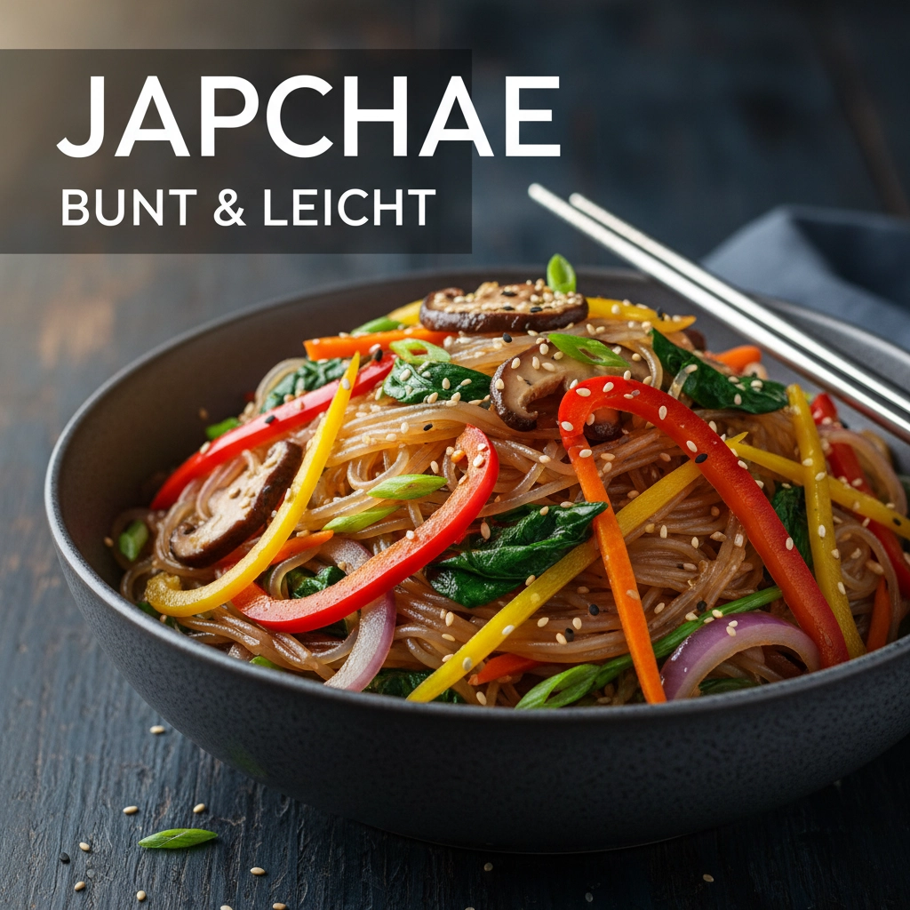 Bunte Japchae-Pfanne, viele Farben, asiatische Garnitur