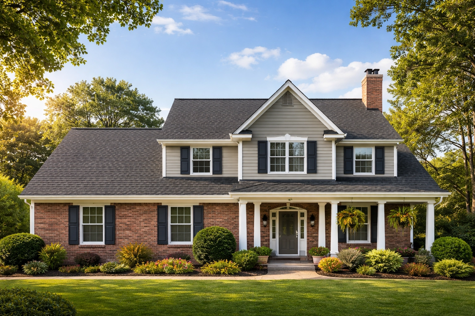 Completed asphalt shingle roof on Pennsylvania home with new gutters under sunny sky after roof replacement
