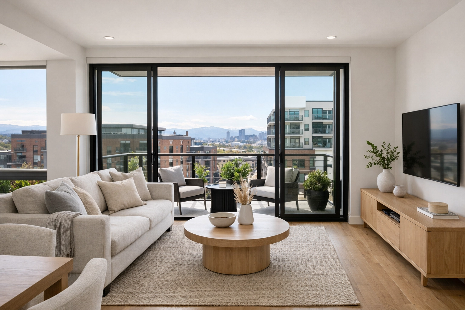 Bright, modern Denver condo interior with a view of a trendy urban neighborhood from the balcony.