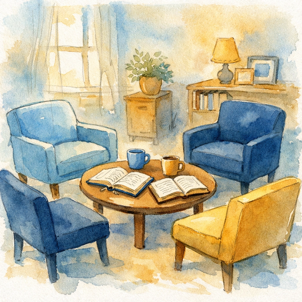 Small group Bible study setup with chairs and coffee creating intimate fellowship space