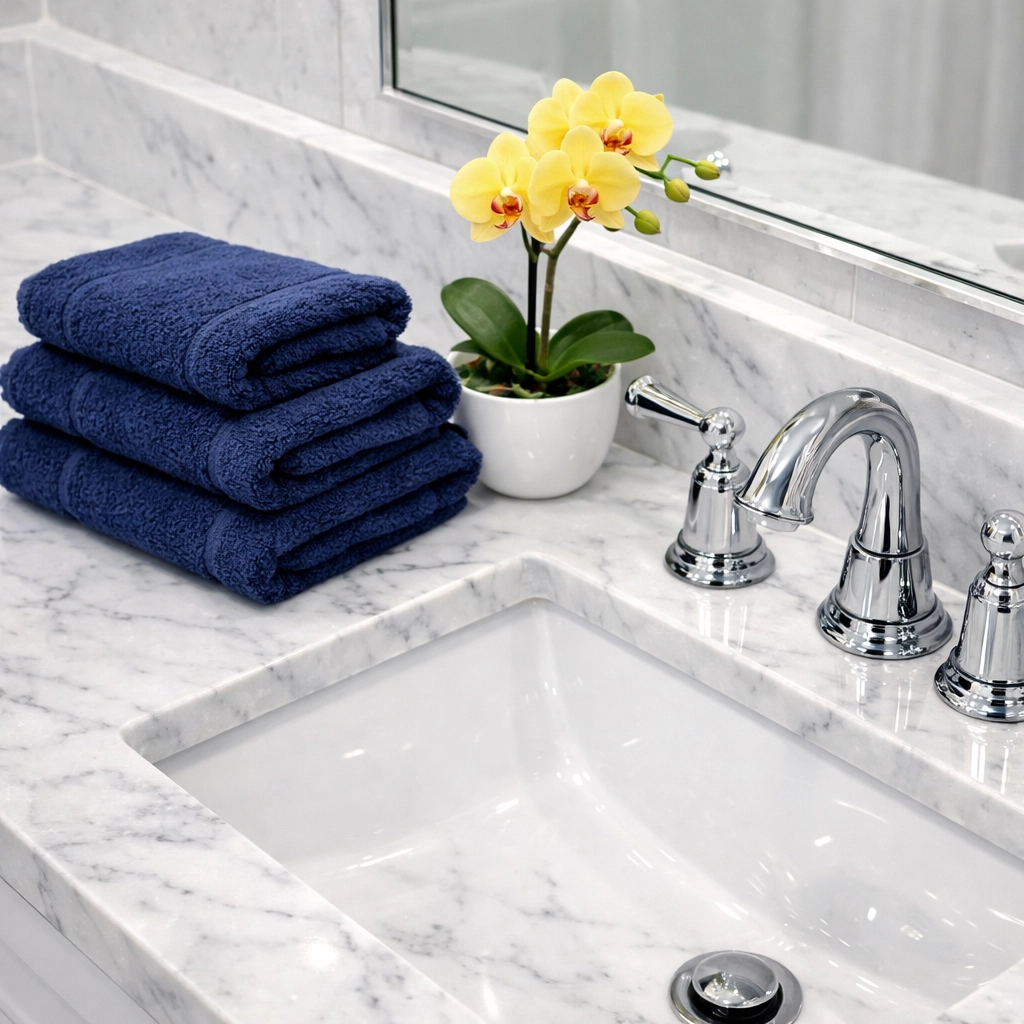 Luxury marble bathroom vanity with sparkling chrome fixtures and sanitized surfaces.