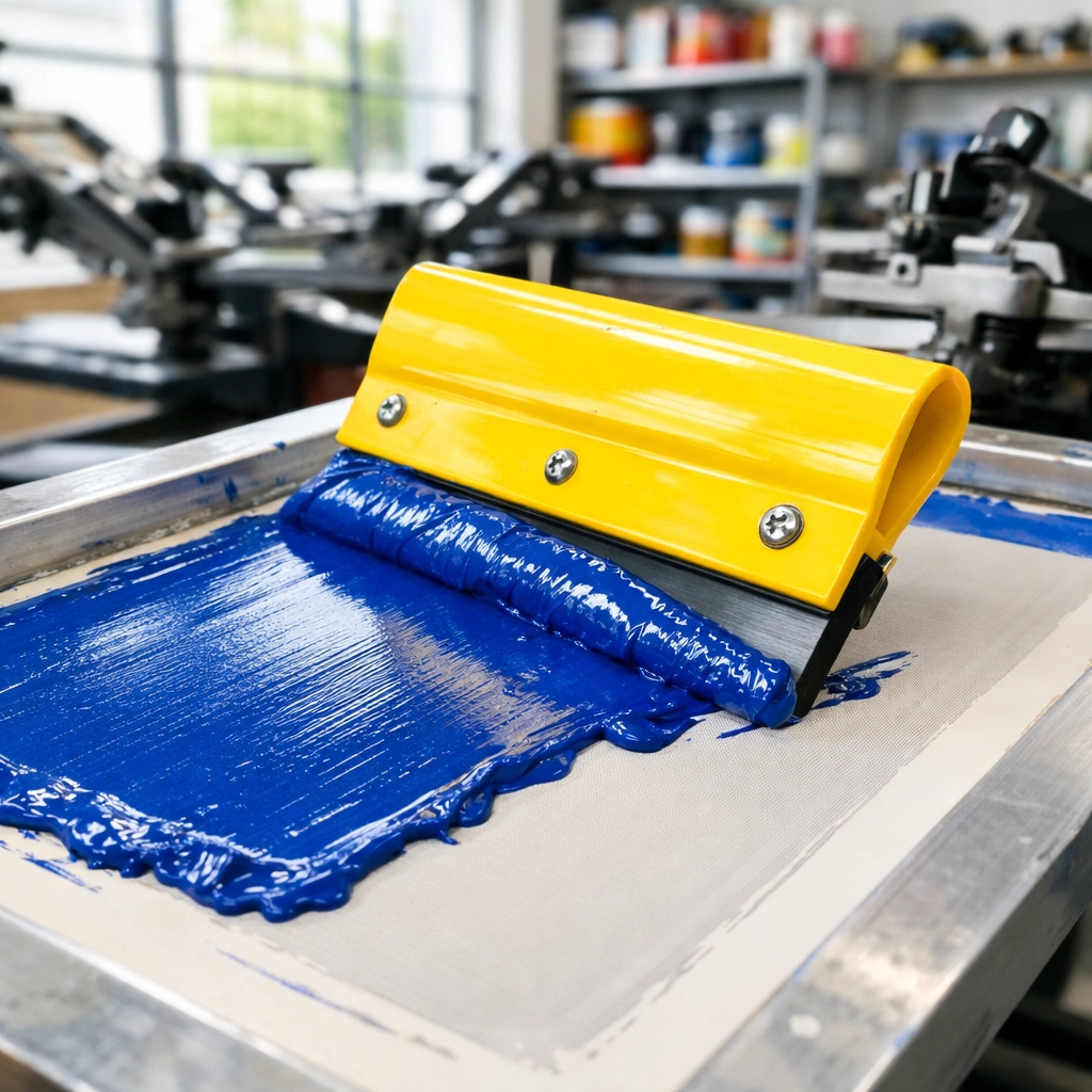 Screen printing shop applying ink for durable bulk custom t shirts that last