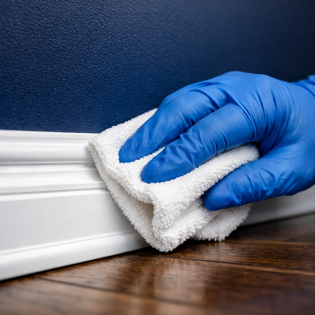 Detailed baseboard cleaning by professional home cleaners in a Bolton residence.