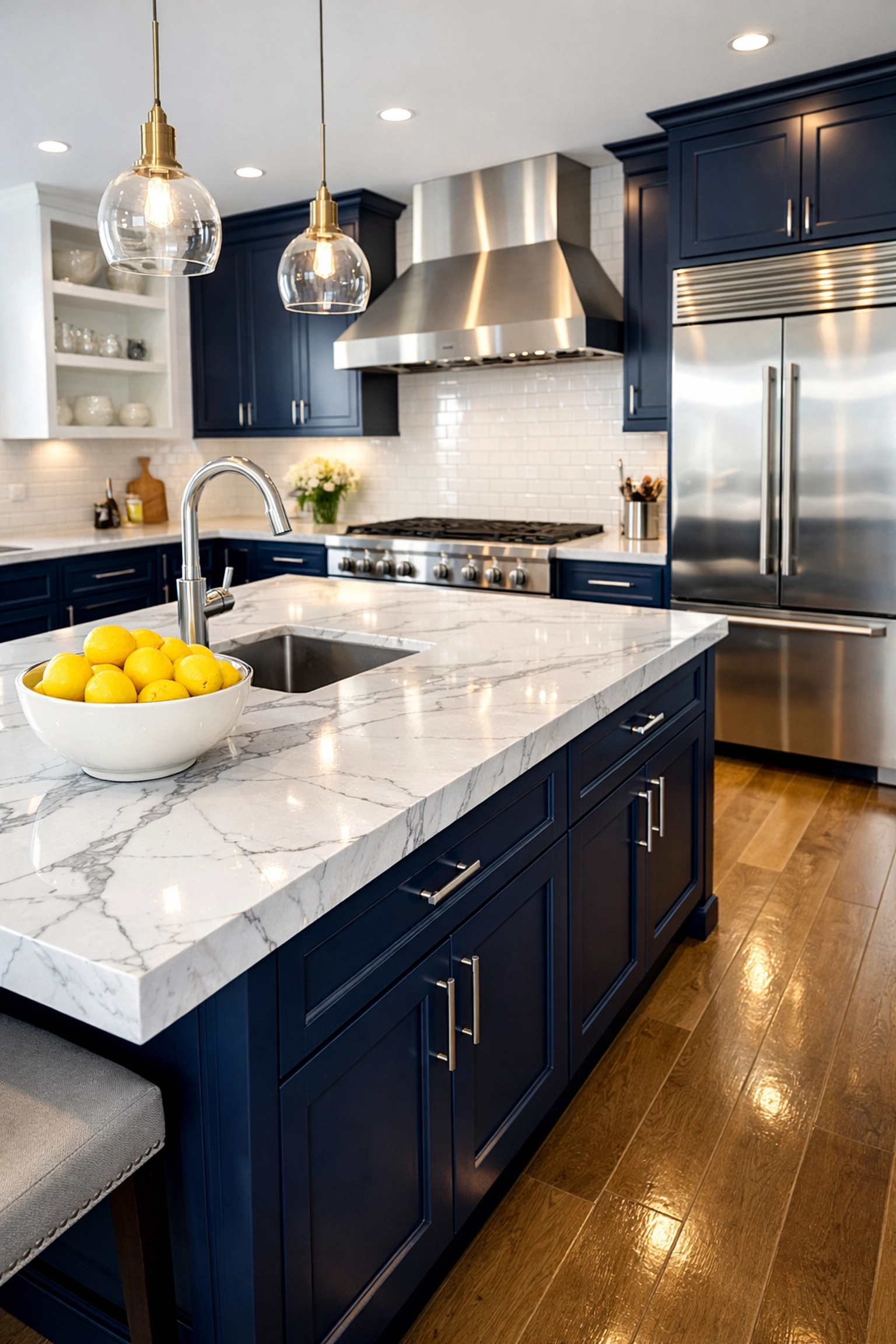 Pristine luxury kitchen with polished marble counters and clean floors from professional cleaning services.