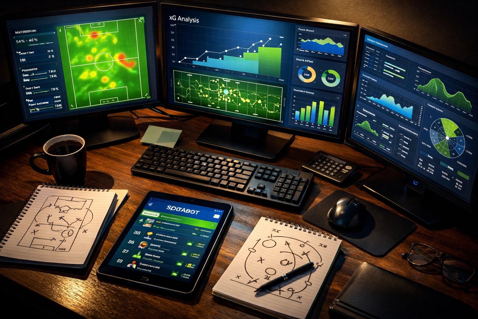 Fußball-Statistiken und xG-Daten auf Monitoren für Sportwetten-Analyse