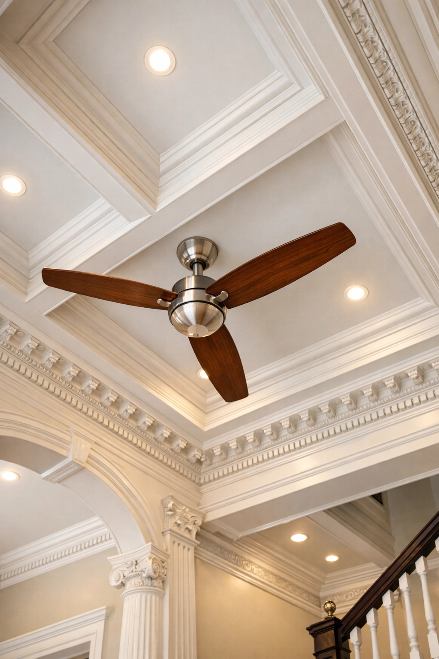 Dust-free ceiling fan and crown molding in a Cambridge home showing top-to-bottom deep cleaning services.