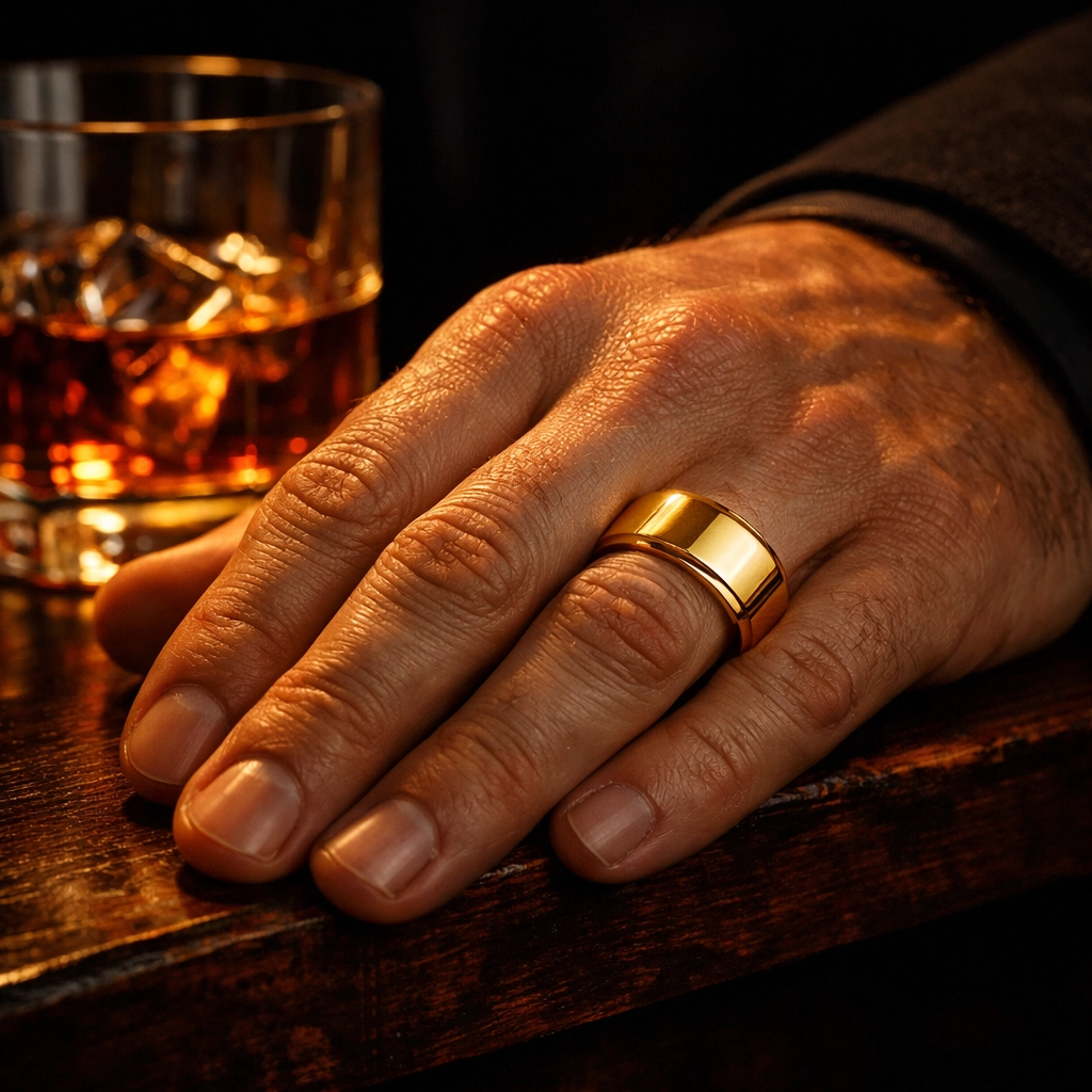 Close-up of a man wearing a wide 8mm yellow gold wedding band with a comfort fit design.