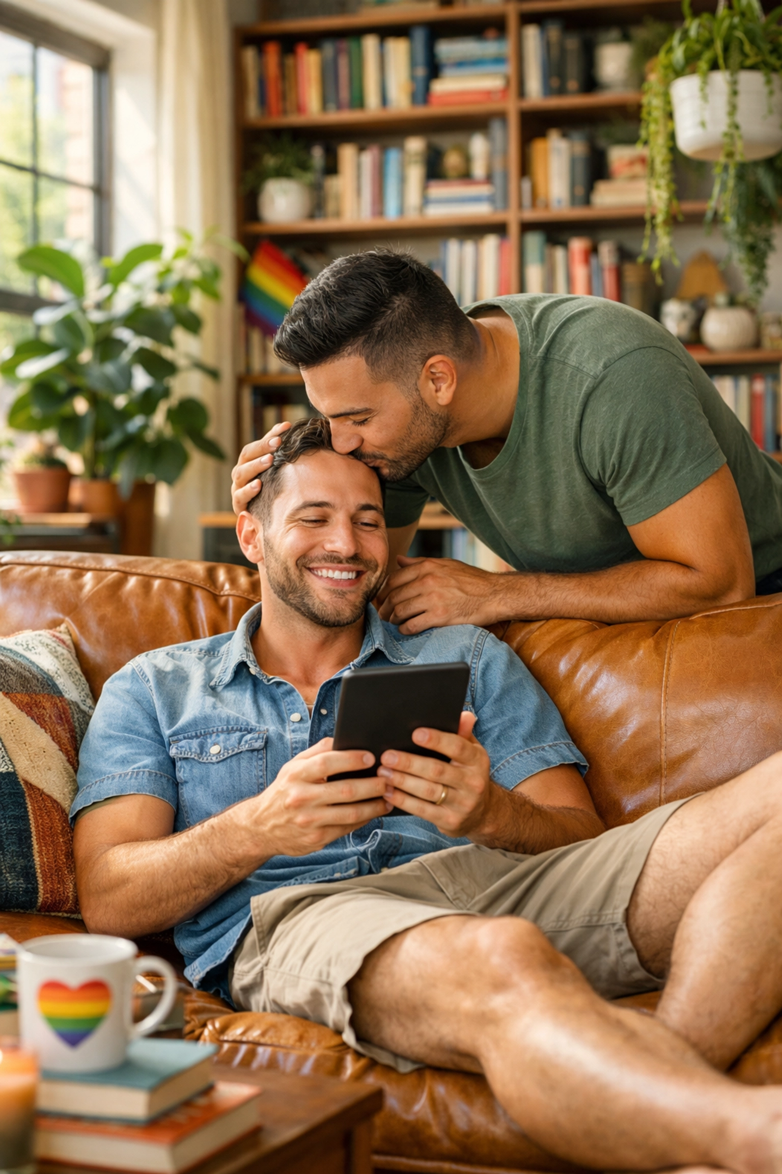 A gay couple enjoying a peaceful moment reading MM romance books and living their own love story.
